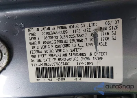 2007 Honda Cr-V Lx z USA, uszkodzony, nr VIN JHLRE38357C067407